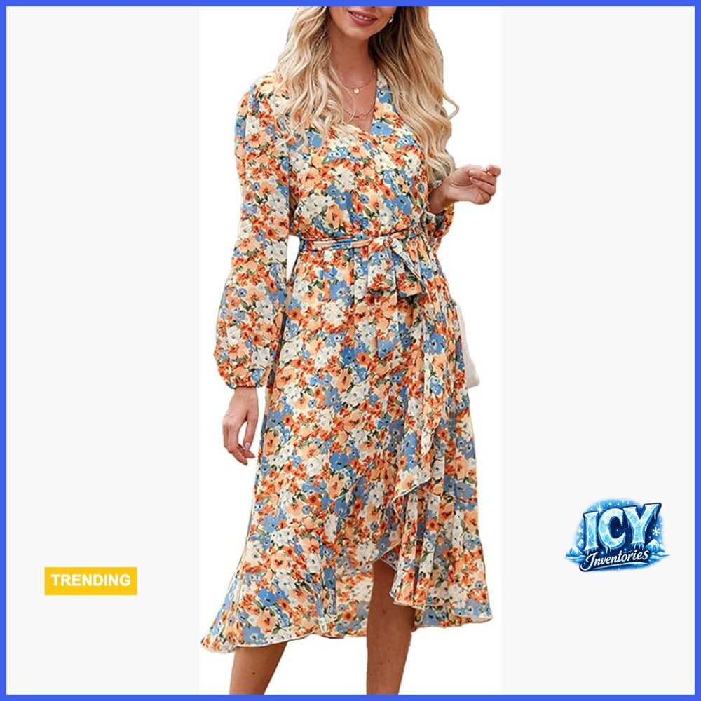 Floral Boho Maxi Dress Long Sleeve Wrap V Neck Ruffle Hem Flowy
